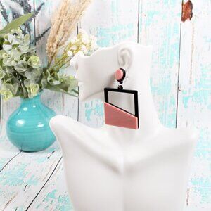 Modern Geometric Dangle Earrings - Pink & Black Statement